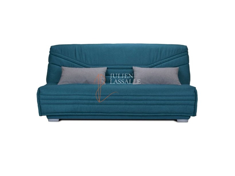 Banquette clic-clac tissu bleu canard avec matelas SOFACONFORT ép. 17 cm