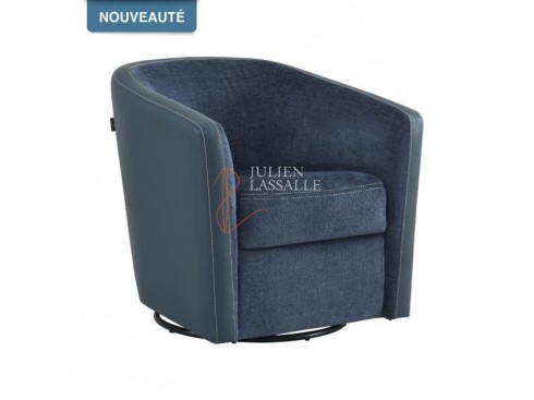 Fauteuil Caméléon pivotant tissu chenillé & cuir synthétique bleu nuit