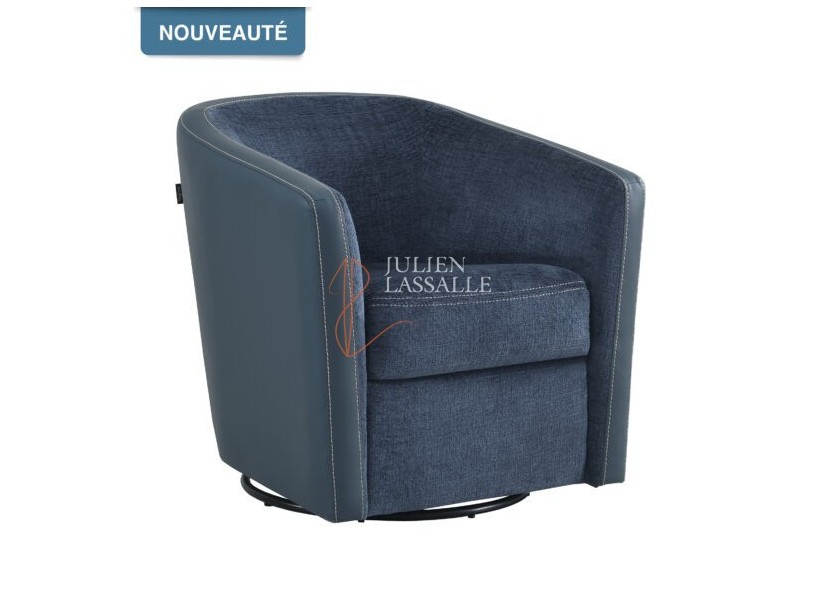 Fauteuil Caméléon pivotant tissu chenillé & cuir synthétique bleu nuit