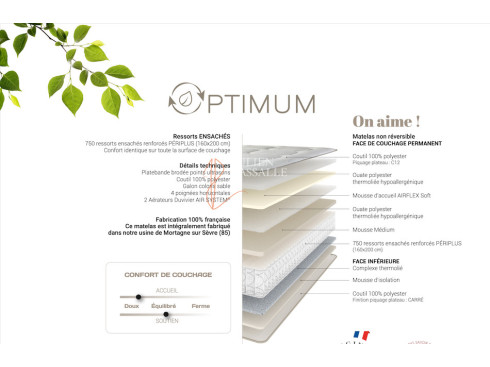 Matelas Optimum Duvivier 750 ressorts ensachés renforcés Périplus.