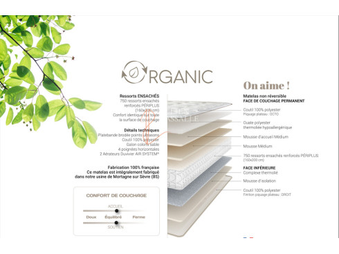 Matelas Organic Duvivier 750 ressorts ensachés renforcés Périplus