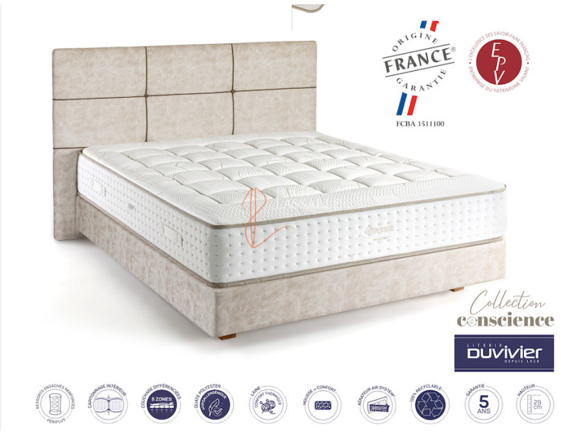 Matelas Odyssée Duvivier 1551 ressorts ensachés renforcés Périplus 5 zones de couchage.